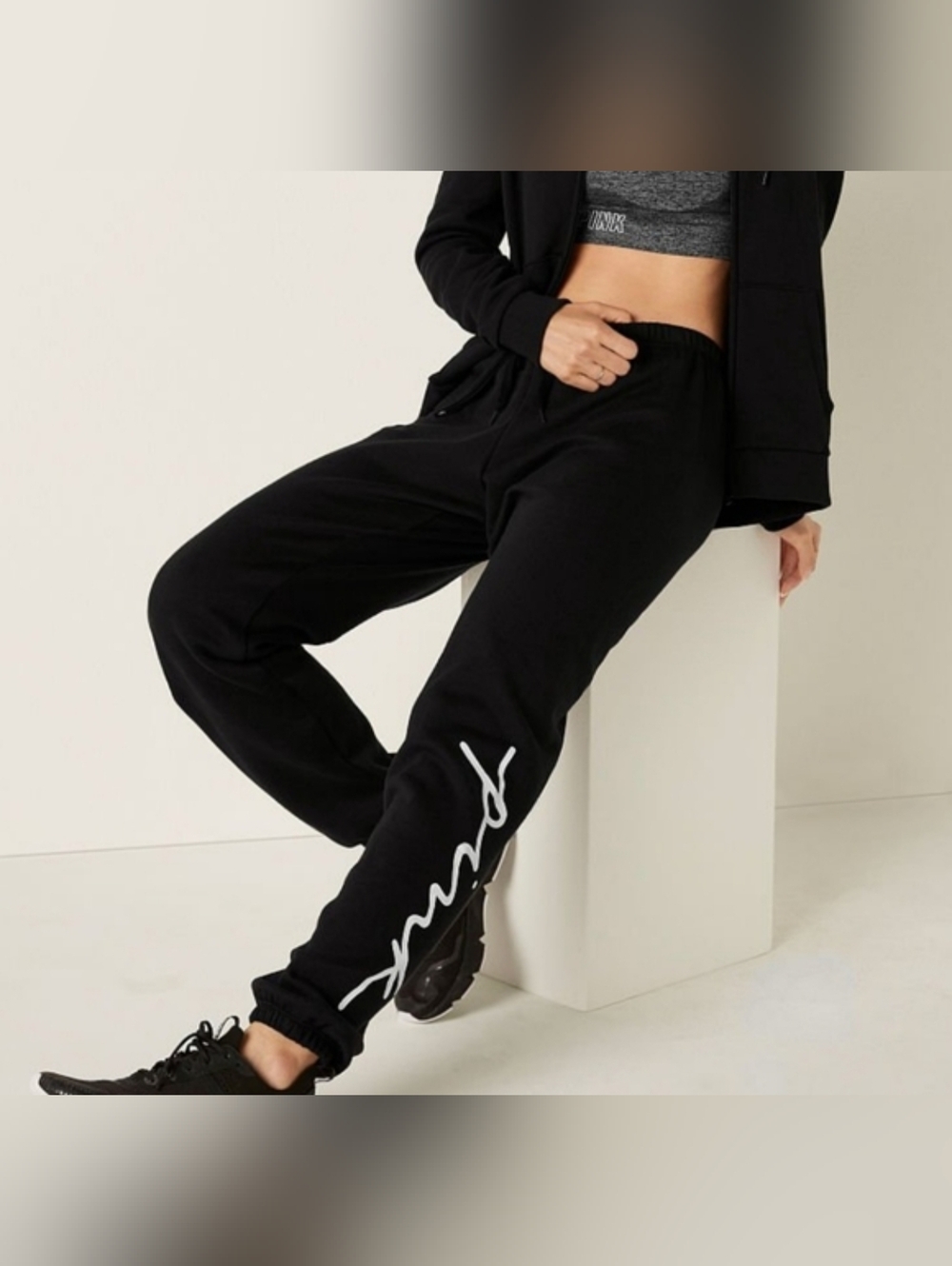 PINK Victoria's Secret Black Jogger Sweatpants with White Script Logo